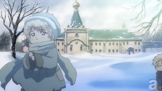 An screenshot of the show Hetalia, as Russia as a child stands in front of a wintery castle